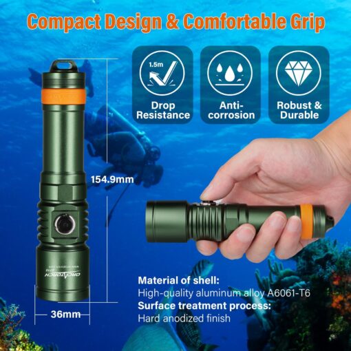 ORCATORCH D710 Scuba Diving Light, 3000 Lumens Super Bright Underwater Flashlight with 6 Degrees Narrow Beam, IP68 Waterproof Night Dive Torch 150 Meters Submersible Light (Green) - Image 3
