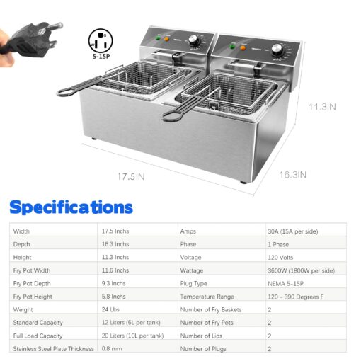 TOPKITCH Commercial Deep Fryer Stainless Steel Dual Tank Electric Deep Fryer with 2 Baskets Capacity 10L X 2(21.2QT) Electric Countertop Fryer for Restaurant and Home Use, 120V 3600W - Image 6