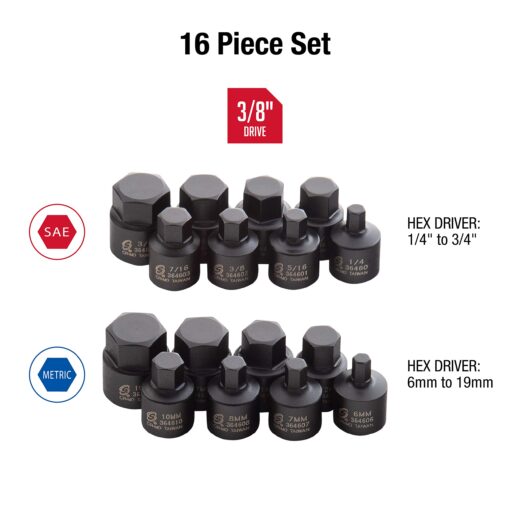 Sunex 2637L, ½" Drive, 6" Long Master Impact Hex Driver Set & Sunex 3646, 3/8 Inch Drive Low Profile Impact Hex Driver Set, 16-Piece, SAE/Metric, 1/4 Inch - 3/4 Inch, 6mm - 19mm - Image 3