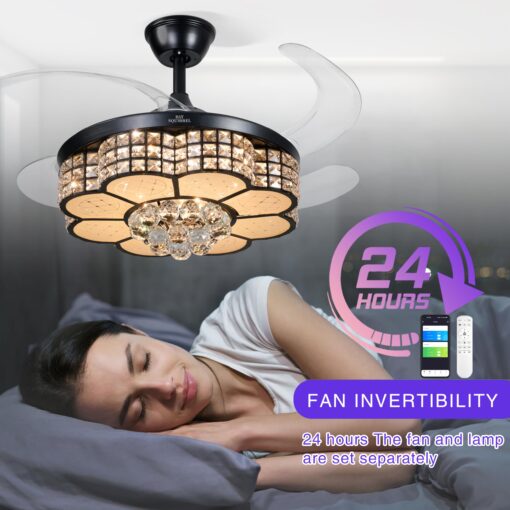 BAYSQUIRREL Retractable Crystal Ceiling Fan with Light, Bluetooth Ceiling Fans with Speaker and Remote/APP Control, 6 Speeds Reversible Blades, RGB-LED Dimmable Chandelier Ceiling Fan - Image 2