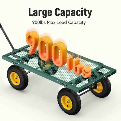 Vibemo Steel Garden Cart, 2-in-1 900 lbs Heavy Duty Utility Wagon, with Removable Mesh Sides to Convert into Flatbed, 240° U-Turn 10" Pneumatic Tires Garden Wagon for Farm Yard Lawn Garden Camping - Image 5