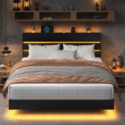 Feonase King Size Floating Bed Frame with Led Lights and Charging Station, Wood King Bed Frame with Storage Headboard, Heavy Duty Metal Slats, No Box Spring Needed, Easy Assembly, Black