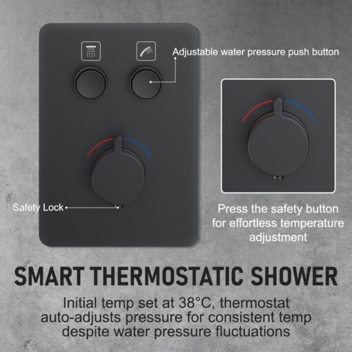 Thermostatic Shower System 13-Inch Rainfall Shower Head - 3 Setting Handheld Sprayer, Complete Bathroom Set with Faucet Mixer Trim Kit & Valve Matte Black - Image 2