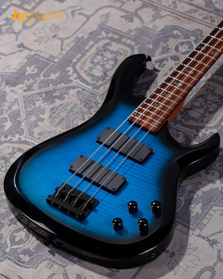 Leo Jaymz CB-400 4 String 34" Scale Electric Bass Guitar, 24 Frets, Mahogany Body, Rosewood Fingerboard with Abalone Inlays, Roasted Maple Neck, H-H Pickups, Glossy Body Finish (CB Flame Blue) - Image 2