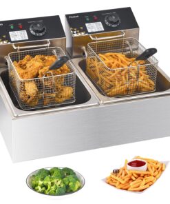 Electric Deep Fryer 17.2L/18.2QT Stainless Steel Dual Tank Commercial Fryer with Basket, 3400W 110V Countertop Deep Fryer for Home Kitchen and Restaurant Use with Oil Thermometer & Temperature Control