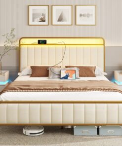 Rolanstar Full Size Bed Frame with LED Light and Charging Station, Upholstered Headboard and Footboard, Metal Slat, Noise Free, Easy Assembly, Golden