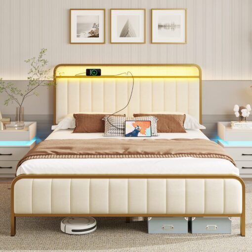 Rolanstar Full Size Bed Frame with LED Light and Charging Station, Upholstered Headboard and Footboard, Metal Slat, Noise Free, Easy Assembly, Golden