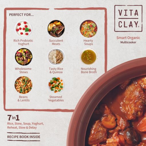 VitaClay Smart Organic Clay Pot Multi Cooker - Toxin Free Clay Rice Cooker, Delay Start Slow Cooker, Stew Cooker, Electric Soup Pot, Yogurt Maker, with Natural Earthen Clay Crock, 8 Cup / 4.2-Quart - Image 7
