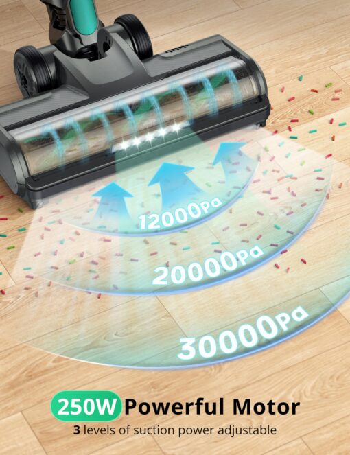 QikCln Cordless Vacuum Cleaner - 250W 30Kpa Powerful Stick Vacuum, 90000 RMP Motor, LED Display, Three Modes, 40 Mins Runtime Rechargeable Handheld Vacuum for Pet Hair Hardwood Carpet - Green - Image 6
