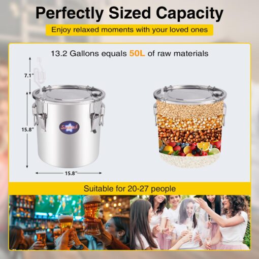 Seeutek Alcohol Still 13.2 Gal 50L Water Alcohol Distiller Spirits Kit w/Circulating Pump, Copper Tube & Dual Display Thermometer, Home Brew Wine Making Kit Oil Boiler Stainless Steel for DIY Whisky - Image 3