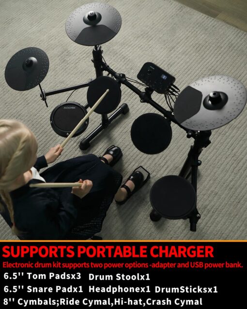 AODSK Electronic Drum Set for Beginner Kids with 150 Sounds,4 Quiet Drum Pads,2 Switch Pedal,Drum Throne,Drumsticks,On-Ear Headphone,AED-400 - Image 9