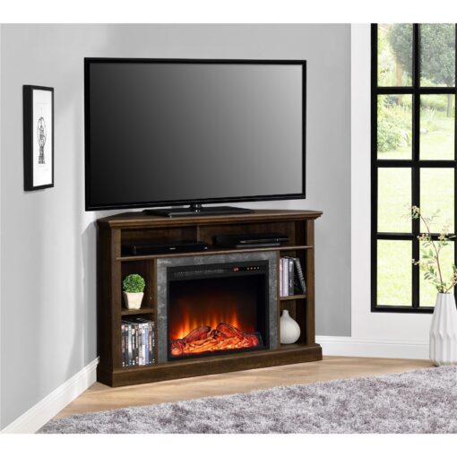 Ameriwood Home Overland Corner Fireplace TV Stand for TVs up to 50 Inch, Replaceable Electric Fireplace Insert Heater, Remote Control, Timer, Realistic Log and Flame Effect, Espresso - Image 6