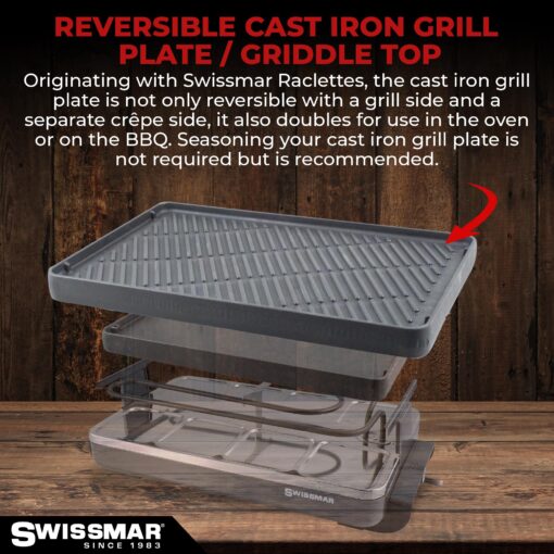 Swissmar Classic 8-Person Raclette Party Grill - Indoor Electric Grill & Griller with Reversible Cast Iron Grill Plate/Crepe Top - Anthracite Black - Image 5