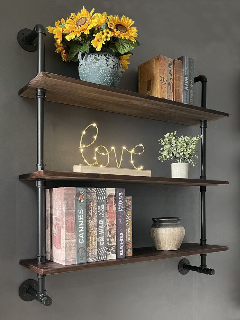 Industrial Pipe Wall Shelves with Real Wood Plank ,36 Inches Floating Shelves for Wall Farmhouse Book Shelves Dark Brown 3 Tier for Kitchen,Living Room Decor and Bar Shelving - Image 3