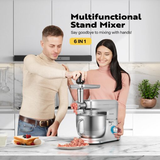 VIVOHOME 6 in 1 Multifunctional Stand Mixer with 8.5 Quart Stainless Steel Bowl, 660W 10 Speed Tilt-Head Meat Grinder, Juice Blender, Vegetable Slicer, Pasta and Cookie Maker, Silver - Image 7