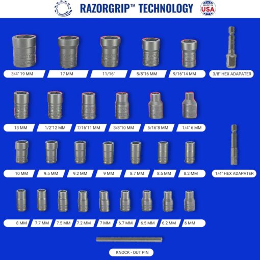 30 Piece Extraction Socket Tool Set | Made in USA Steel | ¼” and ⅜” Drive Impact Grade Bolt and Nut Remover Kit | Turbo Sockets for Stripped, Rounded, Frozen Bolts & Nuts | Nut Extractor Socket Set - Image 2
