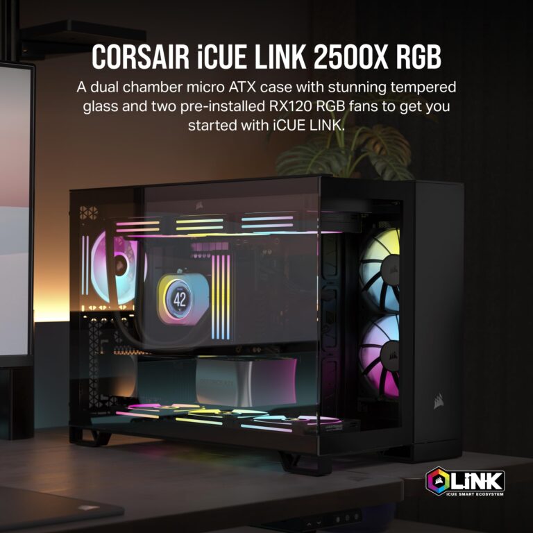 CORSAIR iCUE LINK 2500X RGB Small-Tower mATX Dual Chamber PC Case – Panoramic Tempered Glass – Reverse Connection Motherboard Compatible – 2x CORSAIR RX120 RGB Fans Included – Black - Image 8