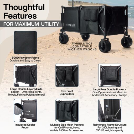 310L Extra/Large Foldable Wagon Cart, 47” 550LB Inlfatable Beach & All-Terrain Wheels, Utility Cart for Garden, Fishing, Groceries, Sports – Built-in Cooler Pouch, Storage Pockets & Cupholders - Image 3