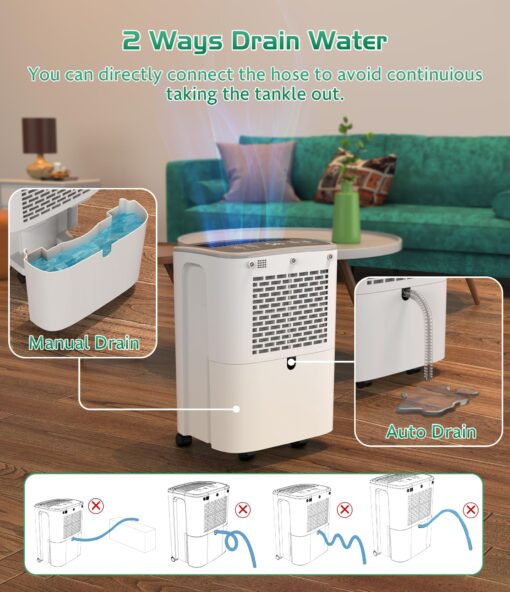 Dehumidifier 2500 Sq.Ft 30 Pint, Dehumidifiers with Drain Hose, 0.66 Gallon Water Tank, RUWORA Dehumidifiers for Home Basement Bedroom Bathroom, Overflow Protection, 24H Timer - Image 5