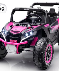 Evmore 4WD Kids Ride on Car, 24V Electric Off-Road UTV Truck, 20" Spacious 2 Seat, 7Ah Large Battery Electric Car with Remote Control, Safety Belt, Horn, Music, and Lights for Kids Aged 3-8 Years Pink
