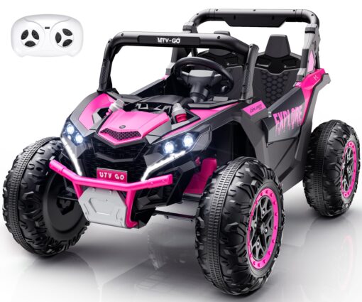 Evmore 4WD Kids Ride on Car, 24V Electric Off-Road UTV Truck, 20" Spacious 2 Seat, 7Ah Large Battery Electric Car with Remote Control, Safety Belt, Horn, Music, and Lights for Kids Aged 3-8 Years Pink
