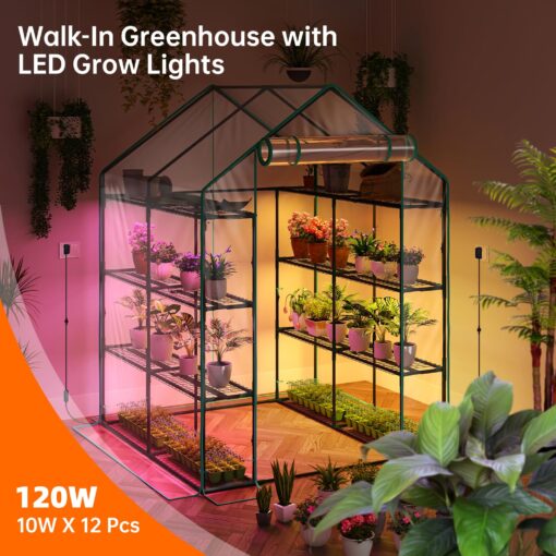 Bstrip Walk In Greenhouse, Indoor Greenhouse with Grow Lights, Mini Indoor Greenhouse with Roll-Up Zipper Entry Door and PVC Cover, Dimmable 2FT 120W Plant Light with Timer (56.3"W X 56.3"L X 76.8"H ) - Image 9
