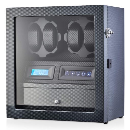 4 Watch Winder with 5 Watch Storage Space, LCD Display, Touch Control and Interior Light (Carbon + Black)