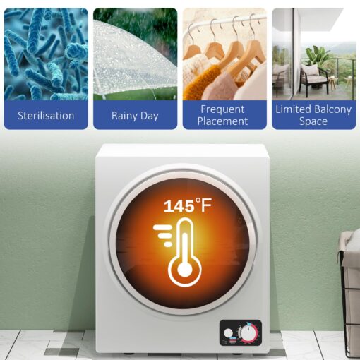 HOMCOM Portable Clothes Dryer, 120V 850W Compact Laundry Dryer with 1.5 cu.ft Stainless Steel Tub and 4 Drying Modes, 9 lbs Front Load Electric Dryer for Apartments Dorms RVs, White - Image 4