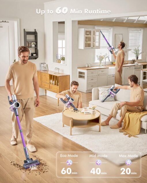 MIUZZY Cordless Vacuum Cleaner, 45Kpa Powerful Suction, 60 Mins Max Runtime, 4000mAh Large Batteries, Anti Hair Wrap Stick Vacuum, Vacuum Cleaners for Home, Pet Hair, Hard Floors and Carpets, Cars - Image 8