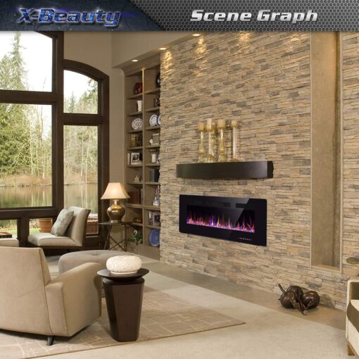 42" Electric Fireplace in-Wall Recessed and Wall Mounted 1500W Fireplace Heater and Linear Fireplace with Timer/Multicolor Flames/Touch Screen/Remote Control (Black) - Image 2