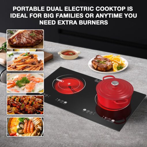 VBGK 2 Burner Electric Cooktop,110V 2400W Electric Stove Top with Touch Control,9 Heating Level,Timer & Kid Safety Lock,Built-in Radiant Double Induction Cooktop - Image 2