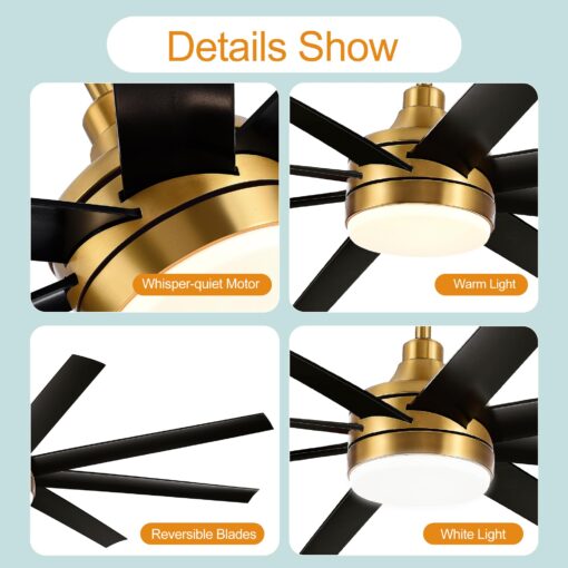 65 Inch Ceiling Fan with Light and Remote, 8-Blade, Reversible DC Motor, 6-Speed, Timer, Industrial Ceiling Fans with Led Light Chandelier for Bedroom Office (Gold & Black) - Image 5