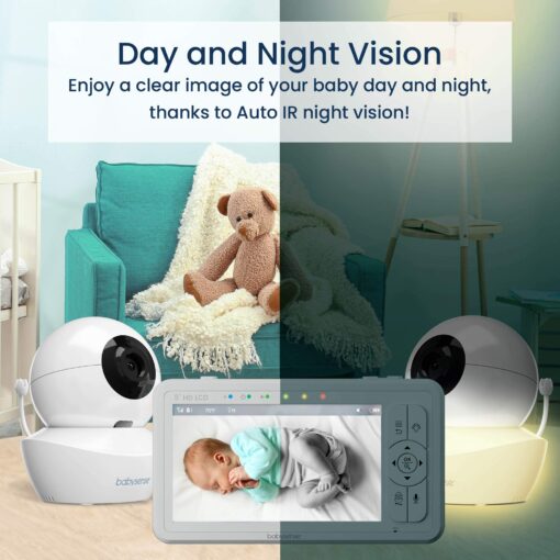 Babysense 5" HD Split-Screen Baby Monitor, Video Baby Monitor with 2 Cameras and Audio, Night Light, 1000ft Range, Two-Way Audio, 4X Zoom, Night Vision, 4000mAh Battery - Image 6