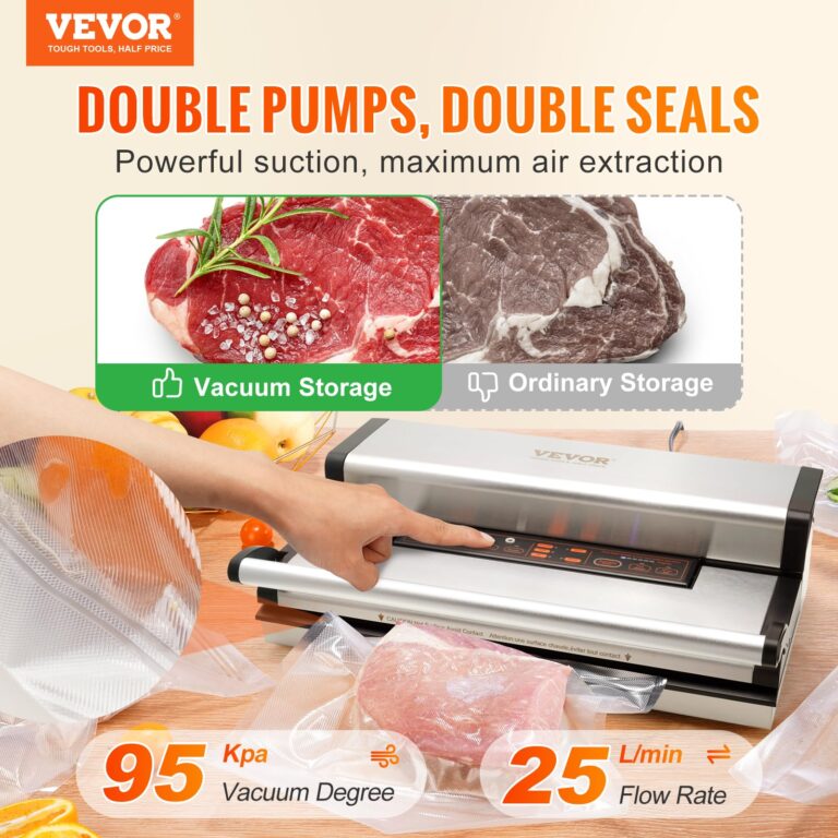 VEVOR Vacuum Sealer Machine, 95Kpa 350W Powerful Dual Pump and Dual Sealing, Dry and Moist Food Storage, Automatic and Manual Air Sealing System with Built-in Cutter, with Seal Bag and External Hose - Image 10