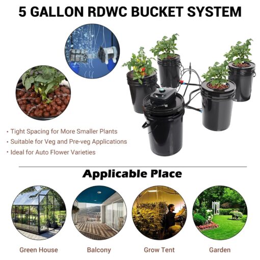 RDWC Top Feed Drip Hydroponics Systems, Recirculating Deep Water Culture Hydroponic Bucket System, 5 Gallon Hydroponics Growing System Kit with Water Pump, Air Pump(4 Bucket + Reservoir + Drip Kit) - Image 2