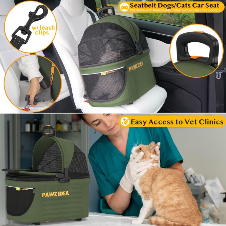 PAWZIDEA Cat Stroller 4 in 1, Pet Stroller for Small/Medium Dogs with Detachable Carrier Easy Lock NO-Zip Canopy, Seatbelt Dog Car Seat, Cozy House, Foldable Dog Jogger Strollers, Large Storage Basket - Image 7