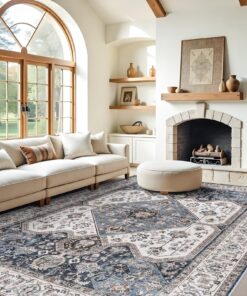 Living Room 9x12 Area Rugs - Large Boho Rugs for Living Room Stain Resistant Carpet Vintage Tribal Rugs for Bedroom Kitchen Bathroom with Non Slip Backing Home Decor Floor Decor Mat 9x12 Navy/Blue