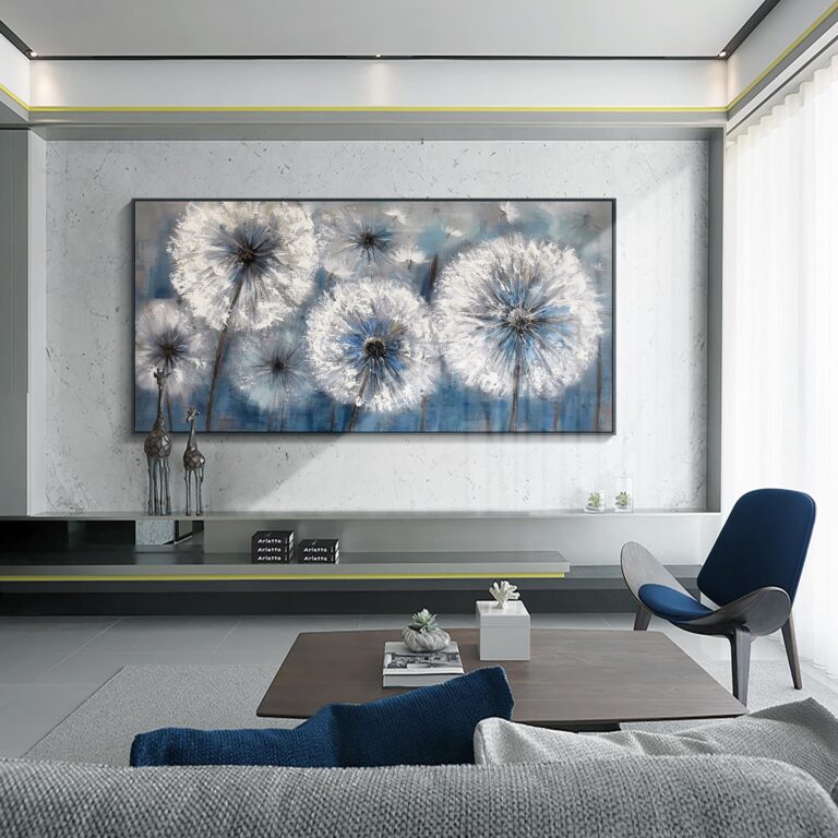 Pogusmavi Dandelion Wall Art Blue Wall Decor Painting Living Room Plant Pictures Framed Paintings for Wall Decorations Artwork for Walls Dining Room Decor 29x58 Black Framed - Image 7