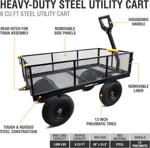 Olympia Tools Steel Garden Cart 1,000lbs 6-cu ft Utility Cart, Heavy Duty Wagon, with Removable Mesh Sides to Convert into Flatbed, Lawn and Utility Wagons Cart - Image 4