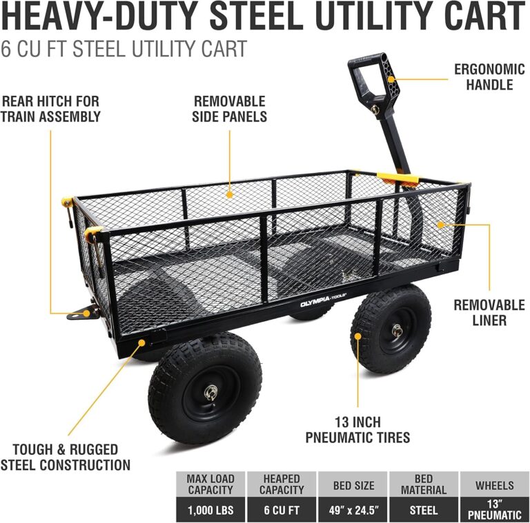 Olympia Tools Steel Garden Cart 1,000lbs 6-cu ft Utility Cart, Heavy Duty Wagon, with Removable Mesh Sides to Convert into Flatbed, Lawn and Utility Wagons Cart - Image 4