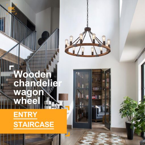 Benkut Farmhouse Wagon Wheel Chandelier 31" Black Rustic Light Fixtures 12-Light Wood Round Chandelier for Dining Room Living Room Entryway Foyer - Image 4