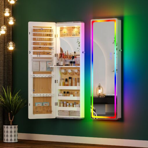HNEBC LED Mirror Jewelry Cabinet with RGB Lights,47.2" Wall Mounted Jewelry Organizer with Full-Length Mirror,Over The Door Hanging Jewelry Armoire Storage Cabinet,Folding Dresser,2 Drawers,Lockable - Image 9