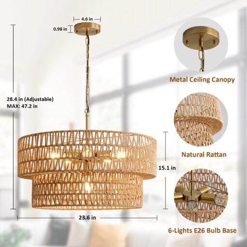 23.6" Boho Rattan Chandelier, 6-Light Large Rattan Pendant Light with 2-Tier Wicker Shade, Bohemian Farmhouse Ceiling Light Fixture Chandelier for Dining Room, Living Room, Bedroom, Kitchen Island - Image 7