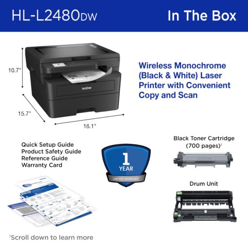 Brother HL-L2480DW Wireless Compact Monochrome Multi-Function Laser Printer with Copy and Scan, Duplex, Mobile, Black & White | Includes Refresh Subscription Trial(1), Amazon Dash Replenishment Ready - Image 3