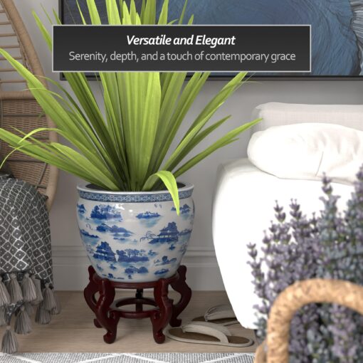 Red Lantern 14" Landscape Blue & White Porcelain Fishbowl Planter or Cachepot for Indoor/Outdoor Use in Garden Entryway Living Room Boho Eclectic Modern Contemporary Classic Traditional Style Decor - Image 5