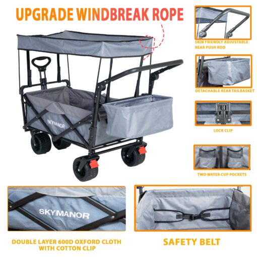 SKYMANOR Collapsible Wagon Folding Garden Cart with Removable Canopy Utility Wagon Cart with All-Terrain Wheels 4 Brake Beach Cart Heavy Duty Beach Wagon for Camping (Light&Dark Gray Splicing) - Image 3
