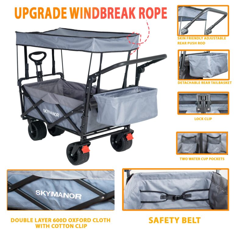 SKYMANOR Collapsible Wagon Folding Garden Cart with Removable Canopy Utility Wagon Cart with All-Terrain Wheels 4 Brake Beach Cart Heavy Duty Beach Wagon for Camping (Light&Dark Gray Splicing) - Image 3