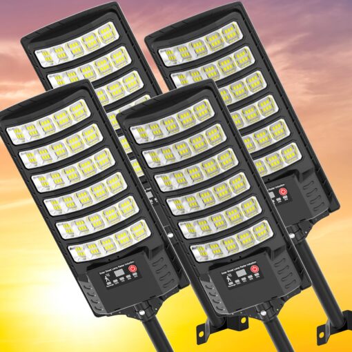 Solar Street Lights Outdoor Waterproof ,25000LM 320°Wide Angle Flood light, LED Solar Parking Light with Motion Sensor and Remote Control for Outdoor, Streets, Courtyards,Parking Garages,-4Pack