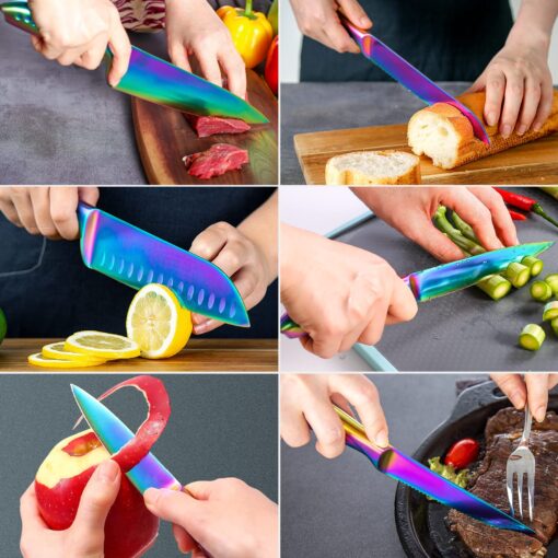 WELLSTAR Rainbow Knife Set 14 Pieces, Iridescent German Stainless Steel Kitchen Knives Set with Wooden Block, Colorful Titanium Coating, Chef’s Knife Block Set with Scissors and Built-in Sharpener - Image 7