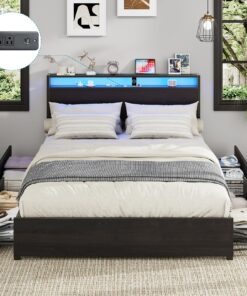 Kiivakii Full Size Bed Frame with Headboard, LED Platform Bed with 4 Storage Drawers, Built in Charging Station, Noise-Free, Metal Support Base, No Box Spring Needed, Black